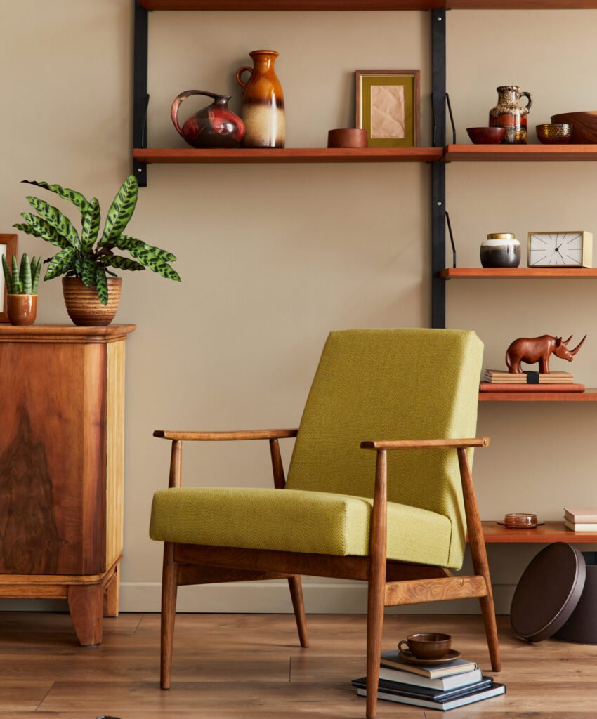 stylish composition of retro living room interior with design ar